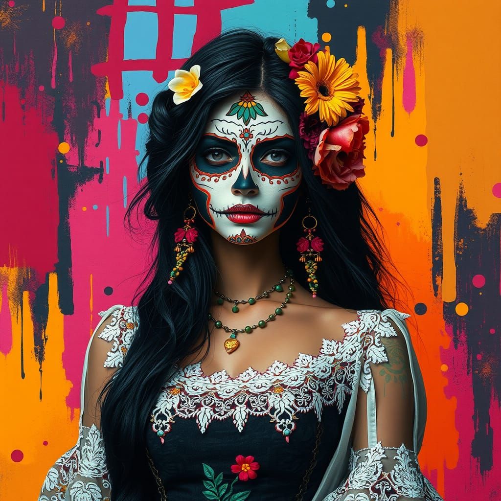 Day of the Dead Woman in Urban Street Art Style
