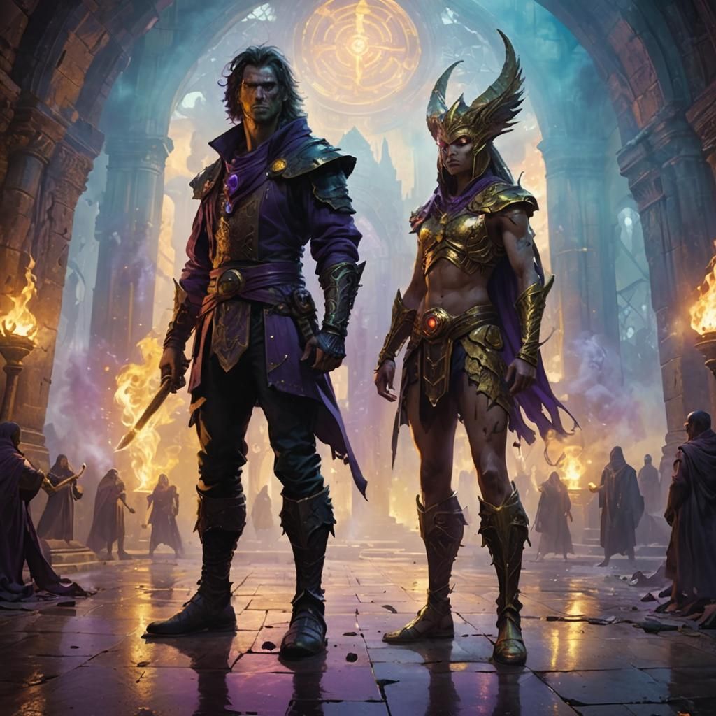 Dark Sorcerer Battles Demon in Ancient Temple