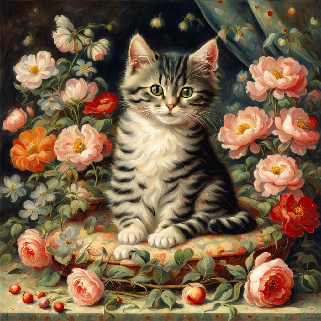 Cute Cat Surrounded by Flowers in Jugendstil