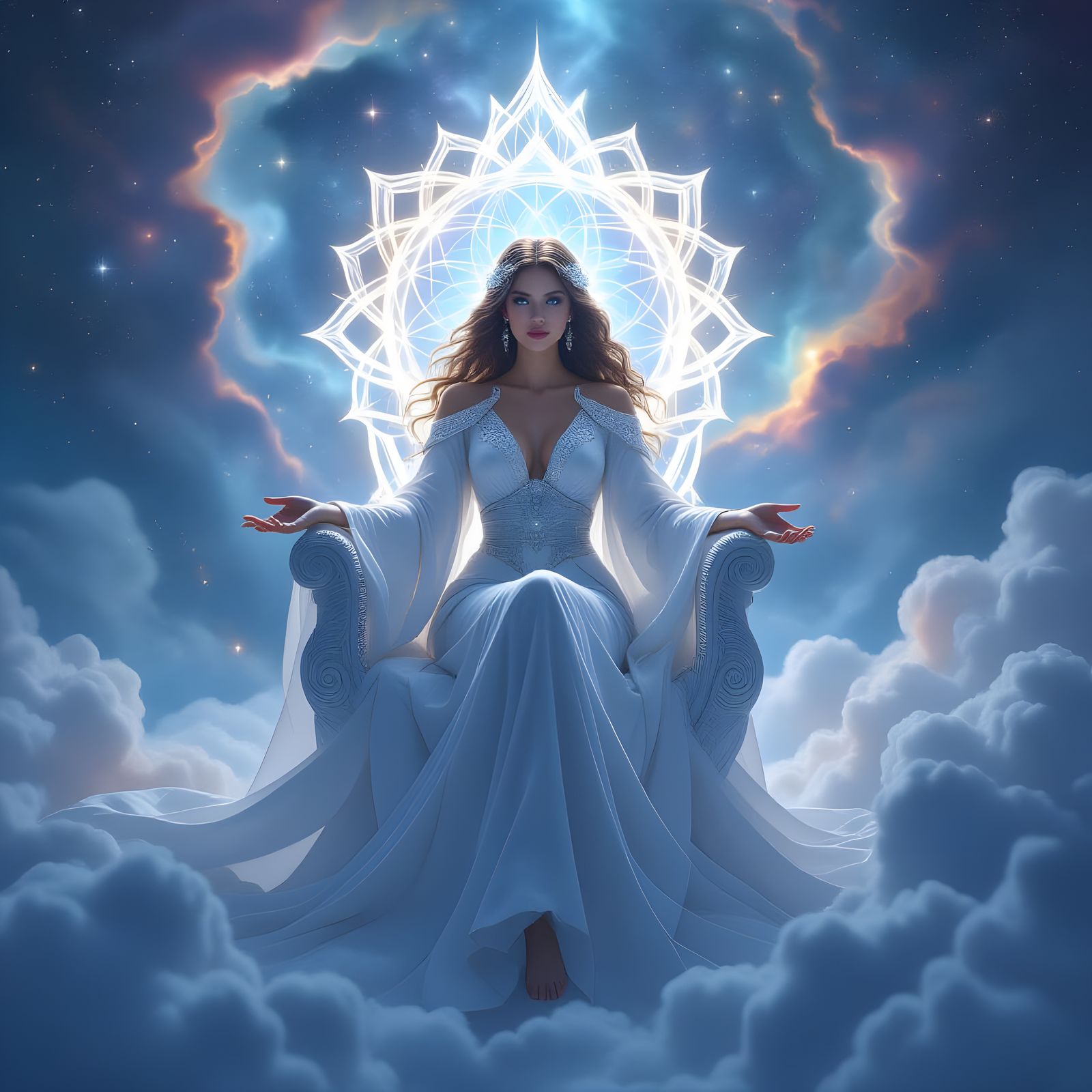 Celestial Goddess on Energy Throne in Nebula