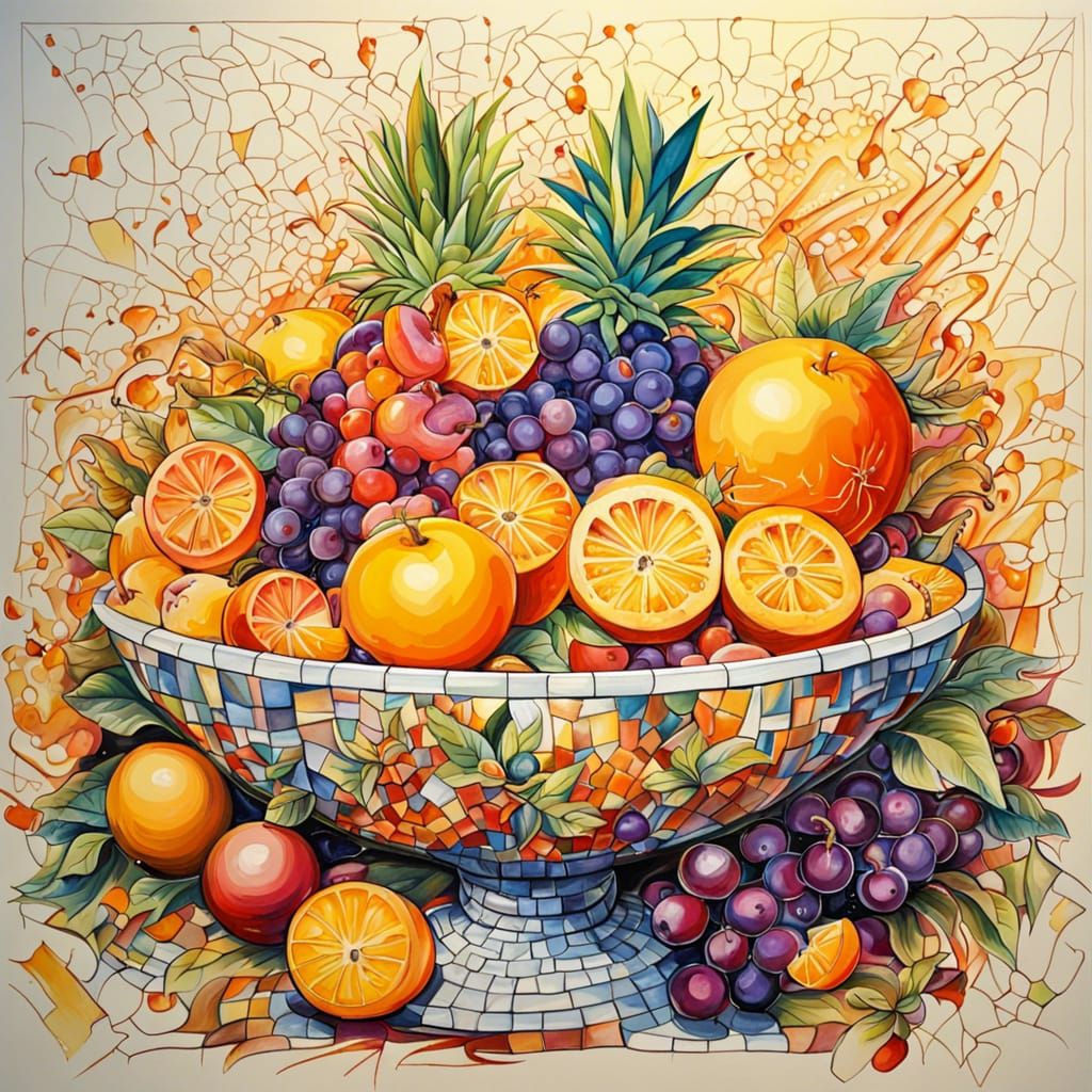 Exploding Fruit Mosaic: A Colorful Oil Painting