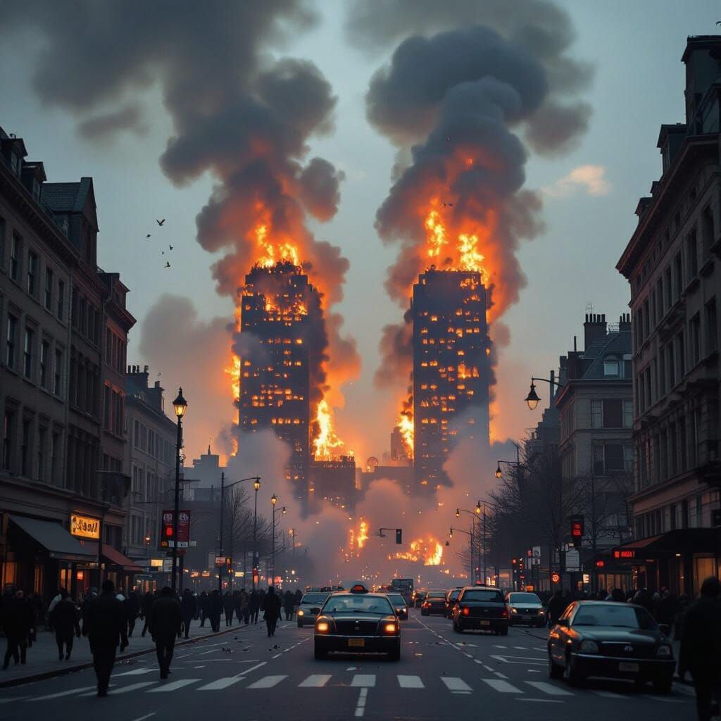Twin Towers Ablaze: Somber Realism in Documentary Style