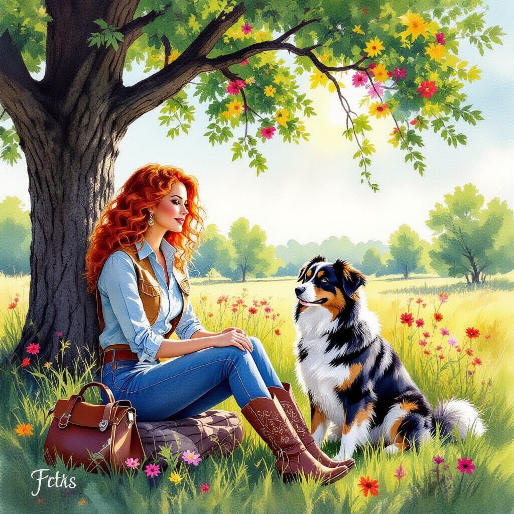 Vibrant Watercolor of Redhead in Texas Outfit