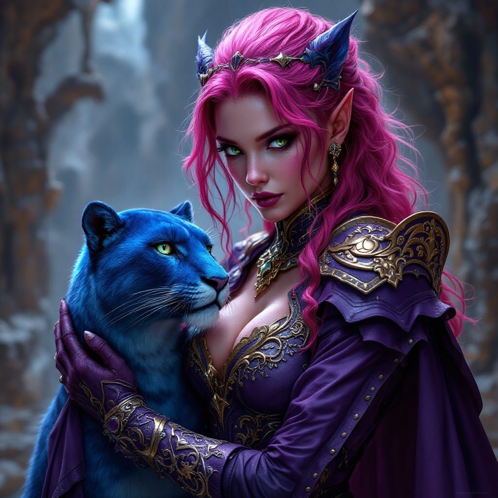 Elegant Tiefling Beastlord in Majestic Rococo Armor with Fie...