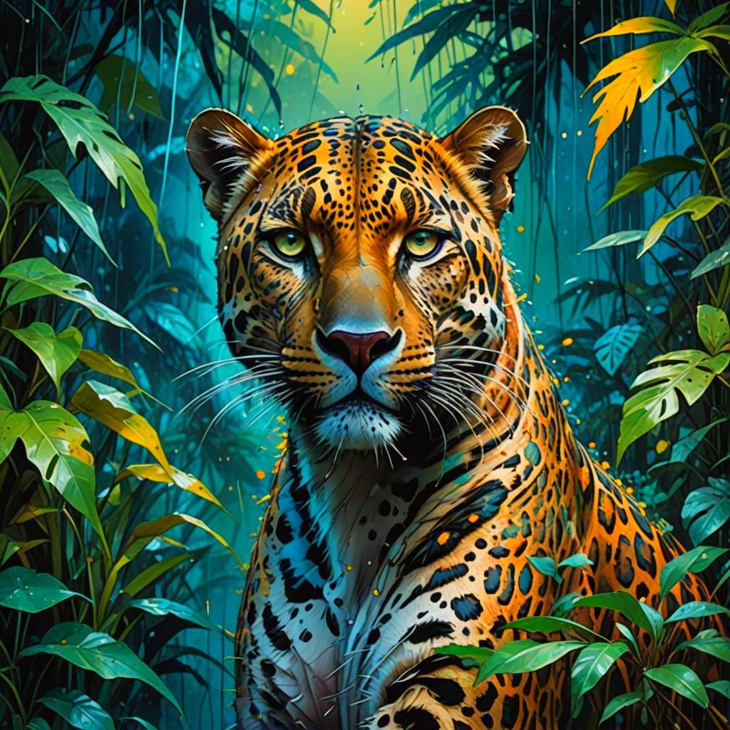 Sleek Leopard in Vibrant Watercolor Jungle Scene