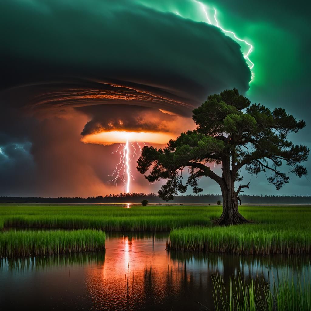 Stormy Marsh Redwood Split by UFO Laser Strike
