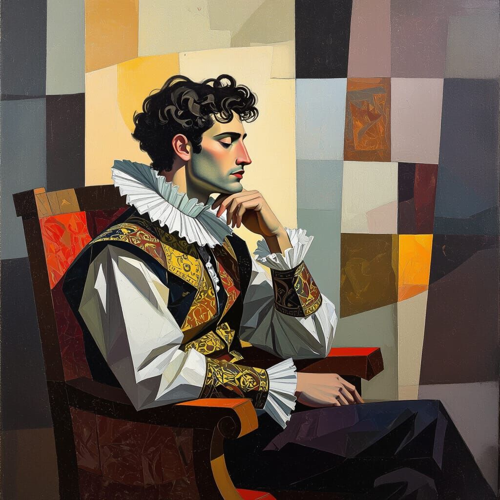 Contemplative Figure in Surreal Baroque Setting