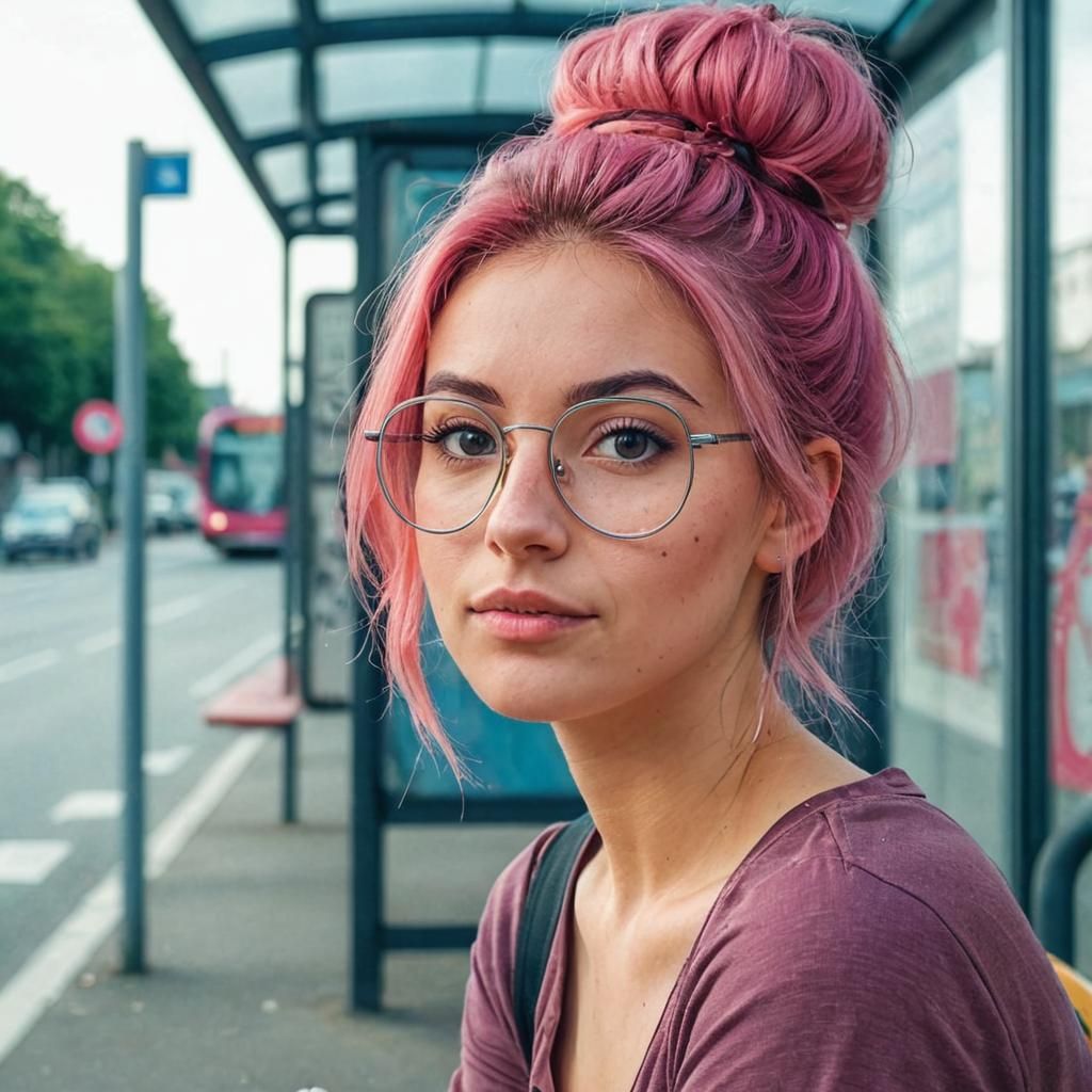 Pink-Haired Woman at Graffiti-Covered Bus Stop