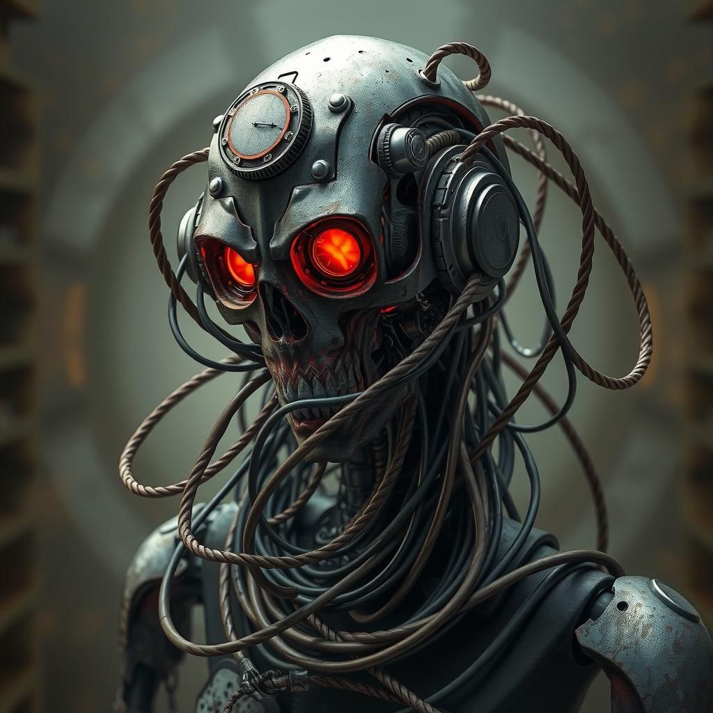 Biomechanical Robot Ensnared in Wires, Dystopian Futurism