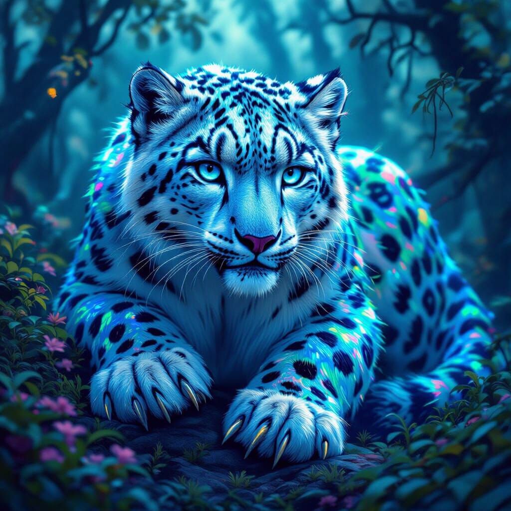 Scaly Snow Leopard in Mystical Forest, Digital Art