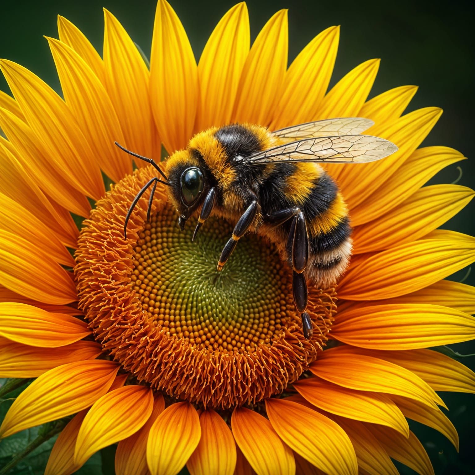 Vibrant Bumblebee Collects Pollen from a Sunflower in a Fant...