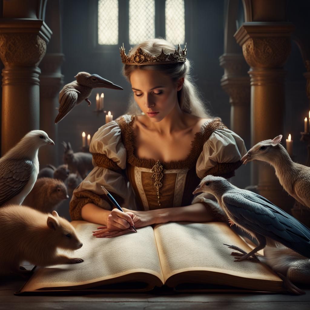 Medieval Lady Writing Surrounded by Animals
