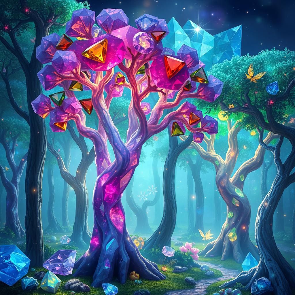 Gemstone Trees in Mystical Forest, Digital Art