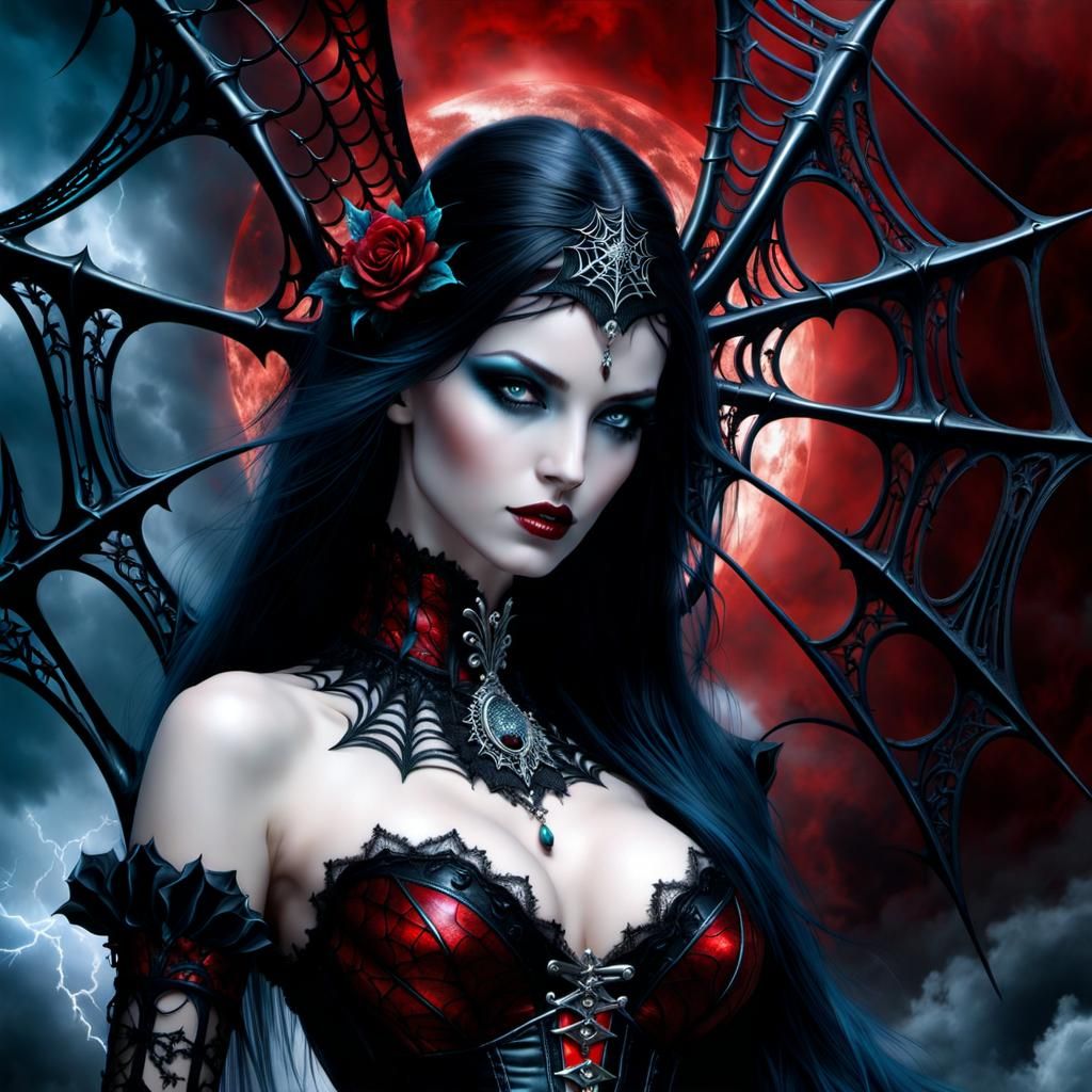 Gothic Fantasy Girl in Crimson Mist, Hyperdetailed Painting