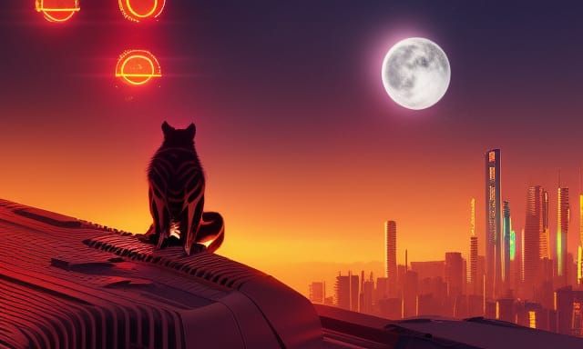 Cyberpunk Mechanical Tiger Gazing at Moon, Neon Art