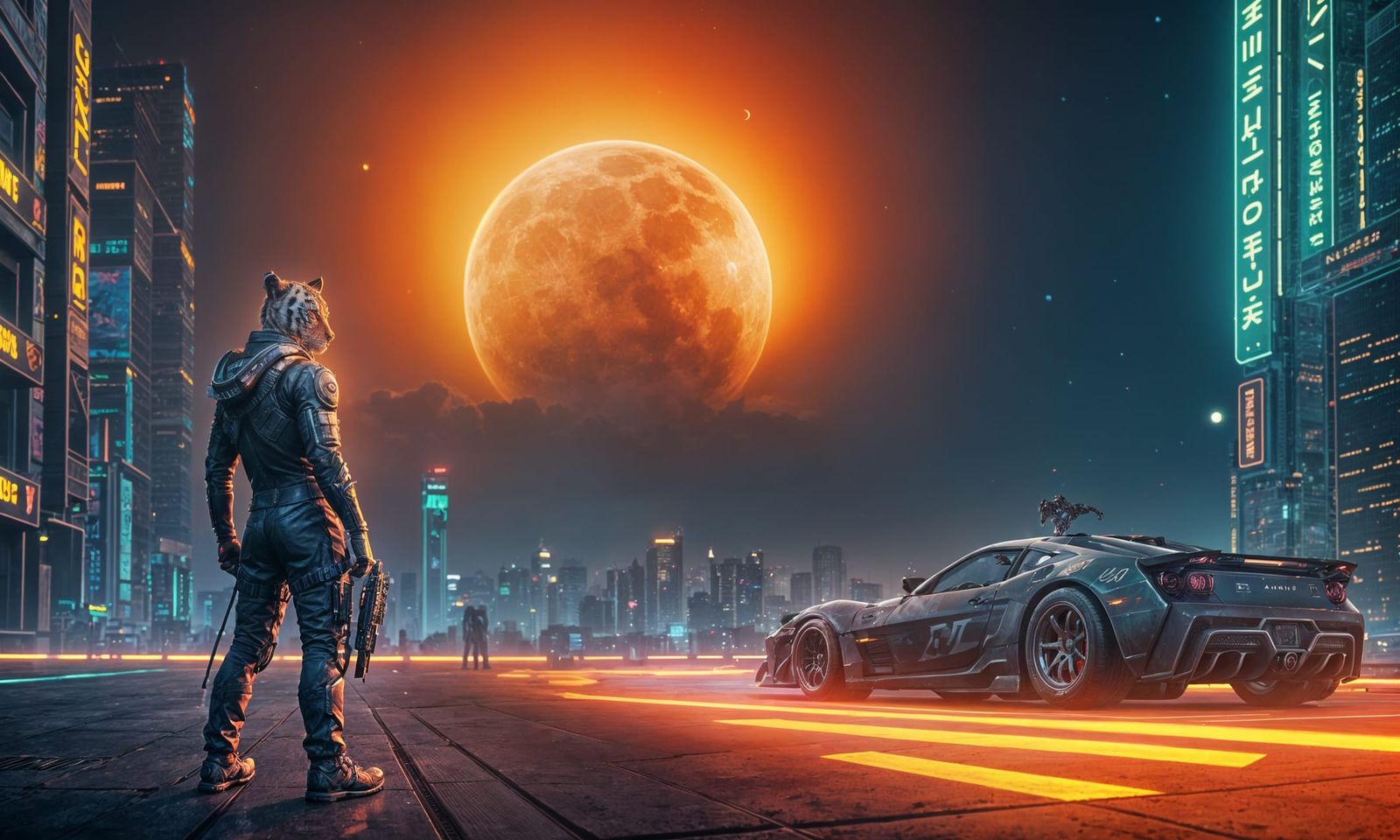 Cyberpunk Mechanical Tiger Gazing at Moon
