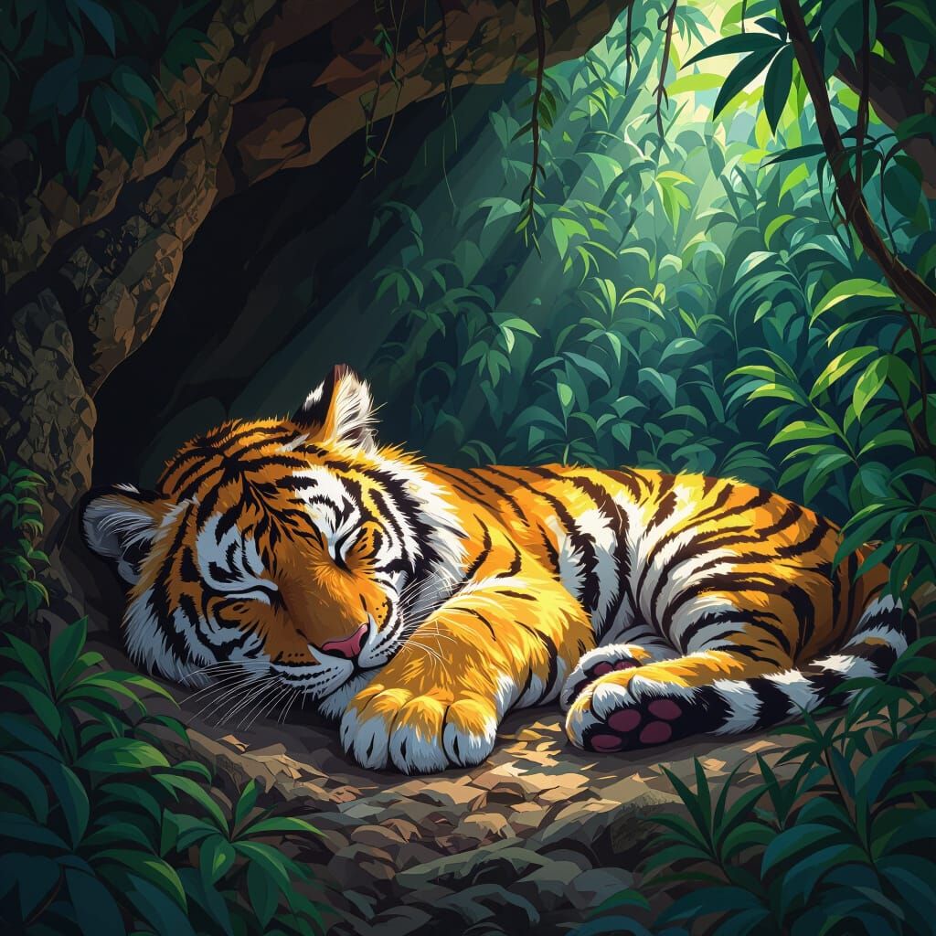 Mother and Baby Tiger Sleeping in Jungle Cave Portrait