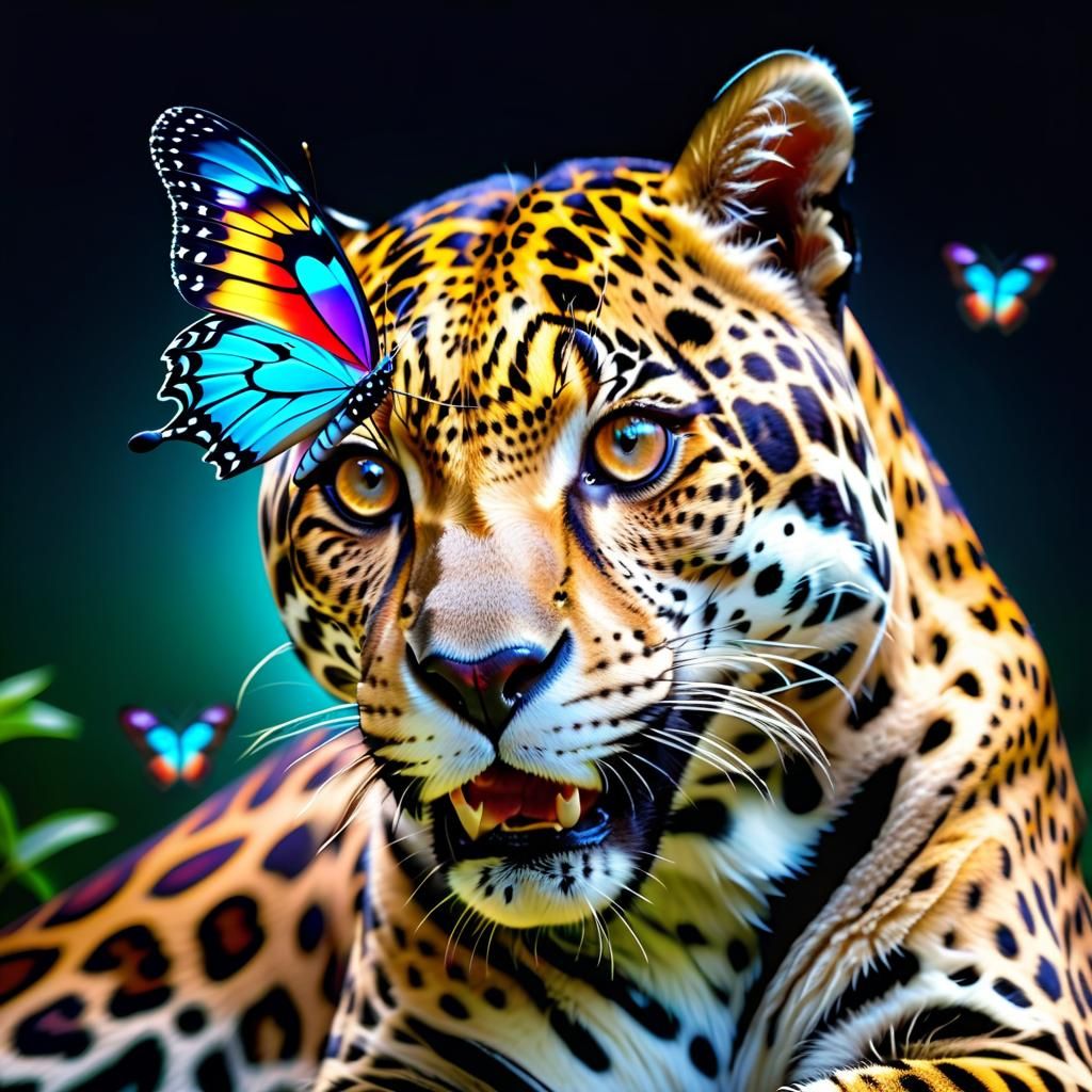 Hyperrealistic Jaguar with Butterfly Optical Illusion