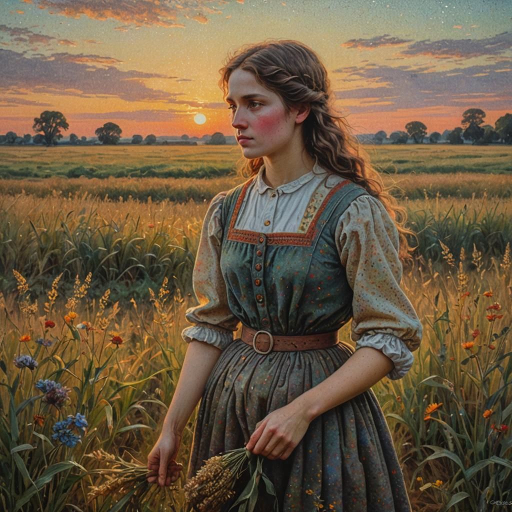 Girl in Field: Neo-Impressionist Pointillist Pastel