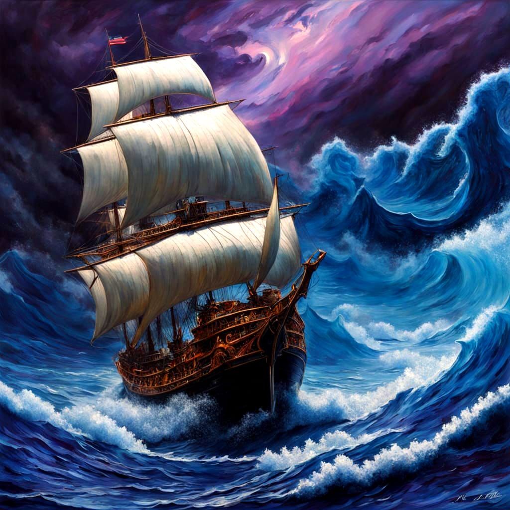 Vibrant Fantasy Art of a Ship Battling the Abyss