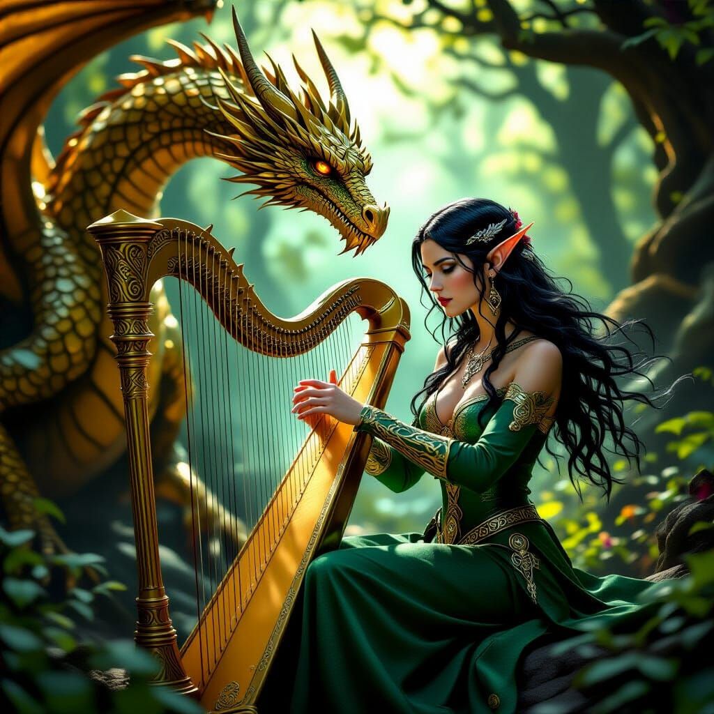 Elven Bard Plays Harp in Mystical Forest