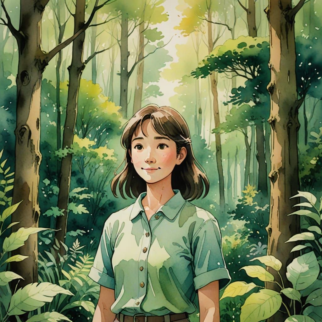 Ghibli Studio Art Style Woman in Lush Forest
