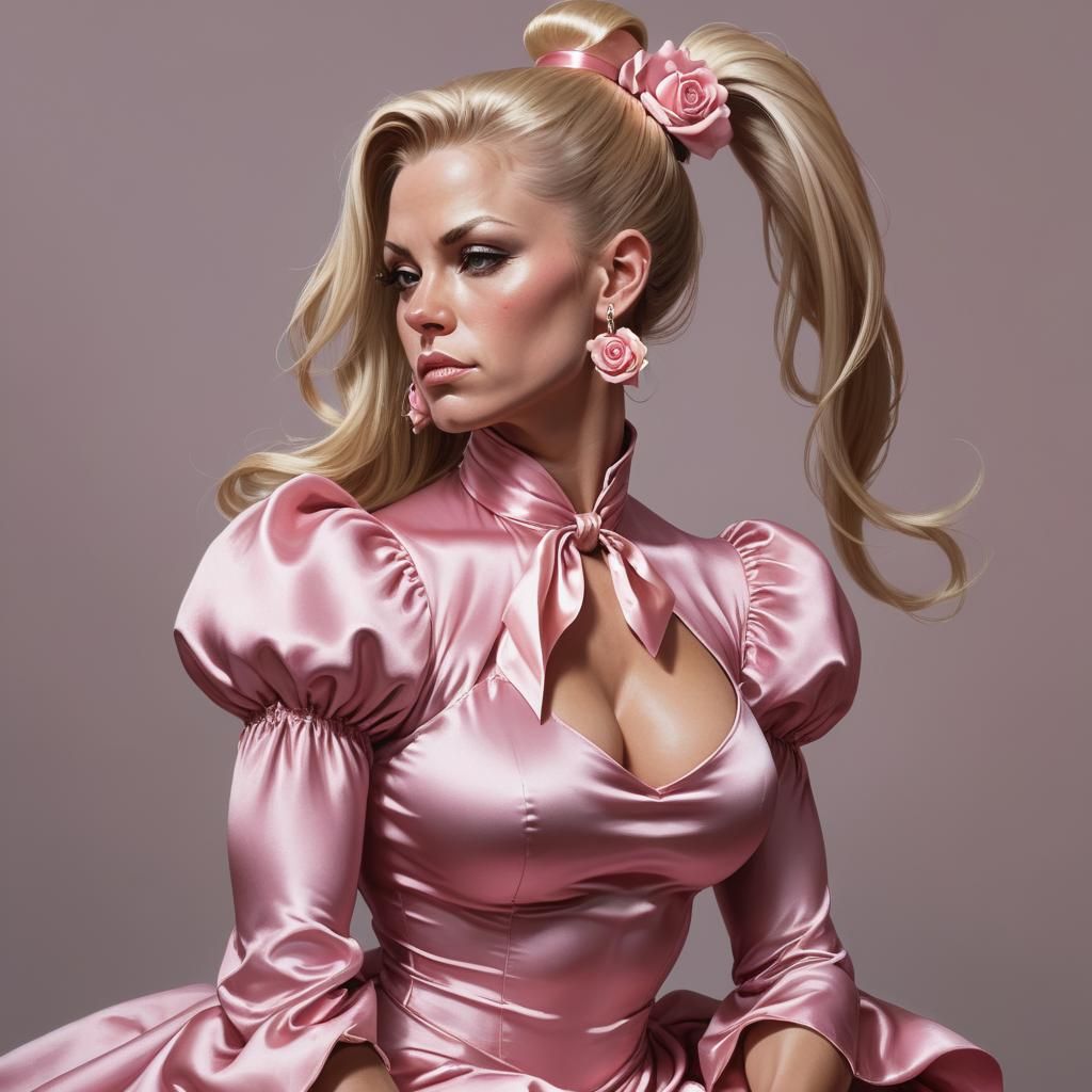 Fantasy Bodybuilder in Rose Satin Dress, Art Nouveau