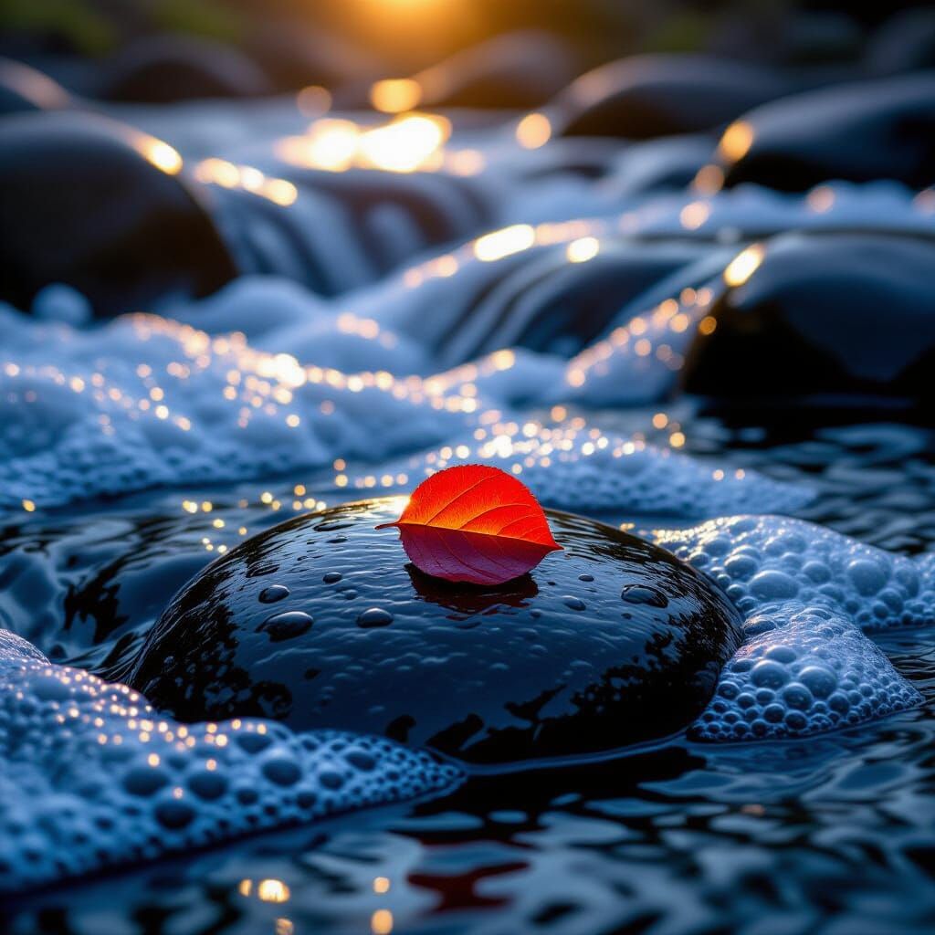 Vibrant Red Leaf on Black Rock Cinematic Film Still