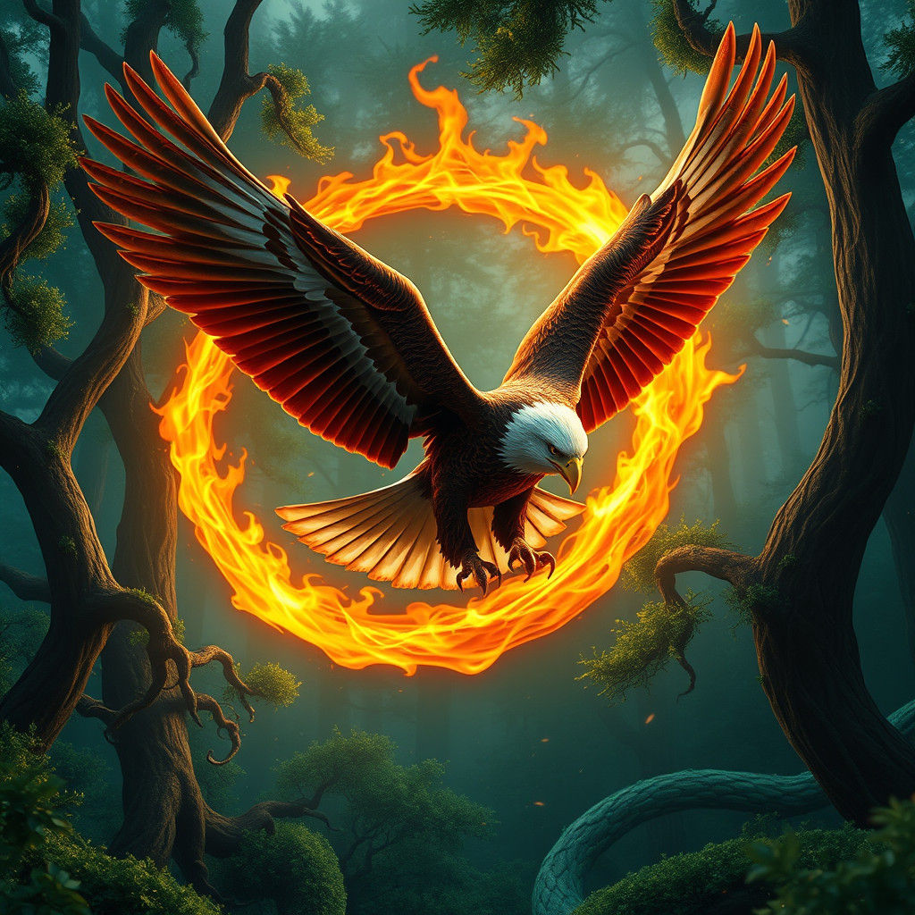Eagle Soaring Through Ring of Fire in Forest