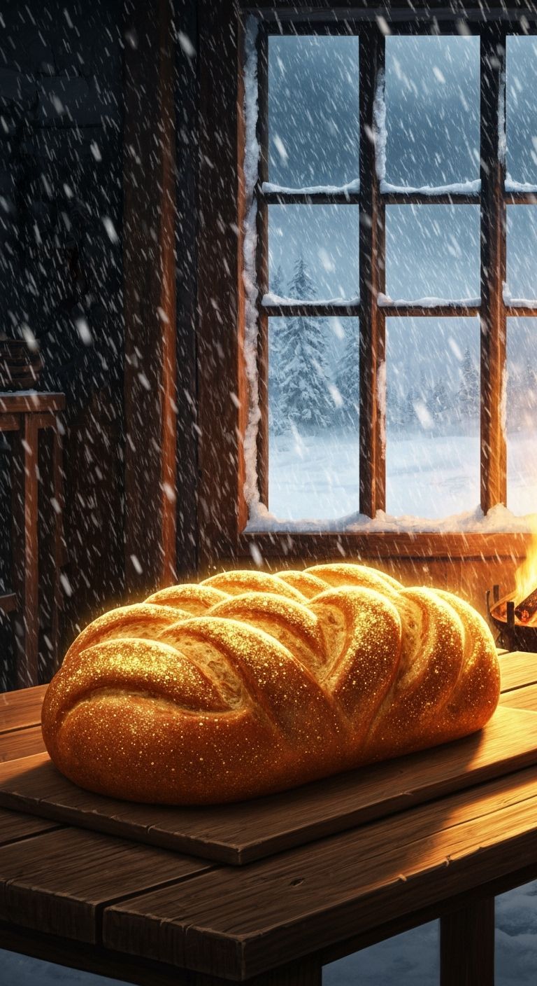 Golden Bread by Cozy Fireplace in Snowy Cottage