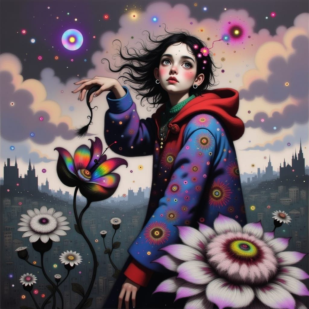 Surreal Whimsy: Enchanted Young Woman in a Dreamlike Landsca...