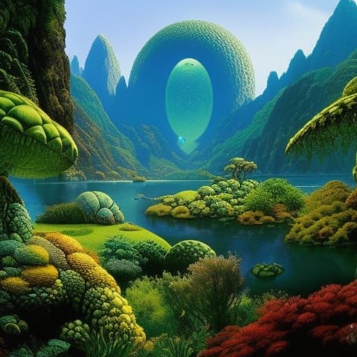 Dragon Eggs in Roger Dean Style Landscape