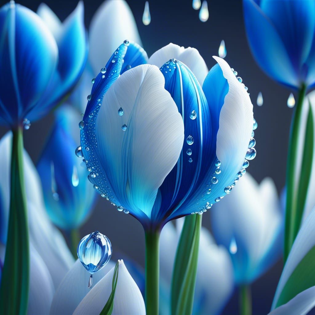 Dew-Kissed White Tulips in Dreamy Blue Iris Field
