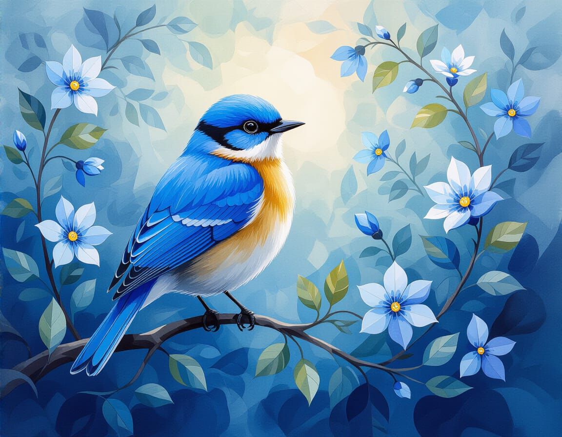Vivid Azure Bird in Gouache and Watercolor Style