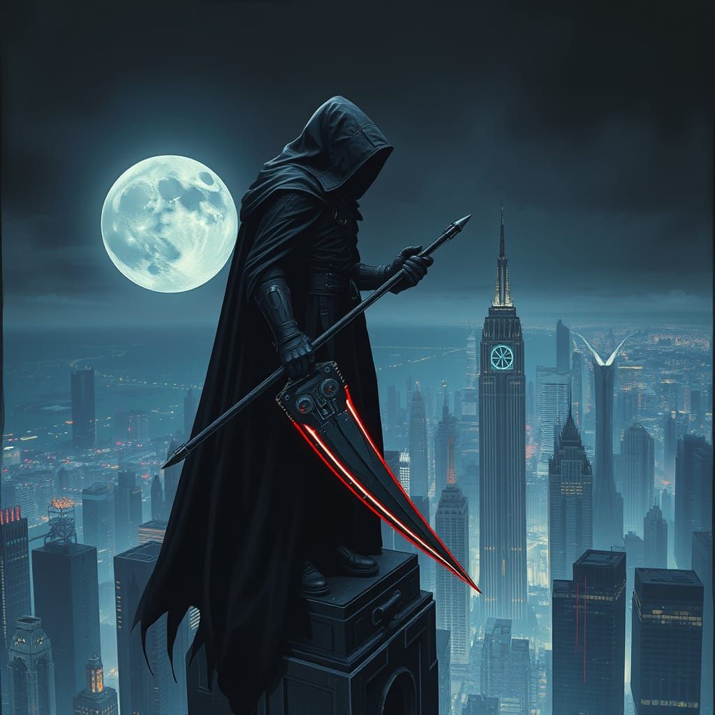 Cyberpunk Grim Reaper Overlooking Neon Cityscape