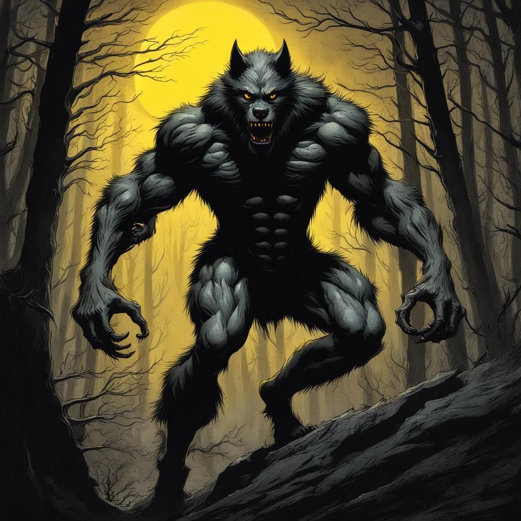 Werewolf with Yellow Eyes in Dark Forest