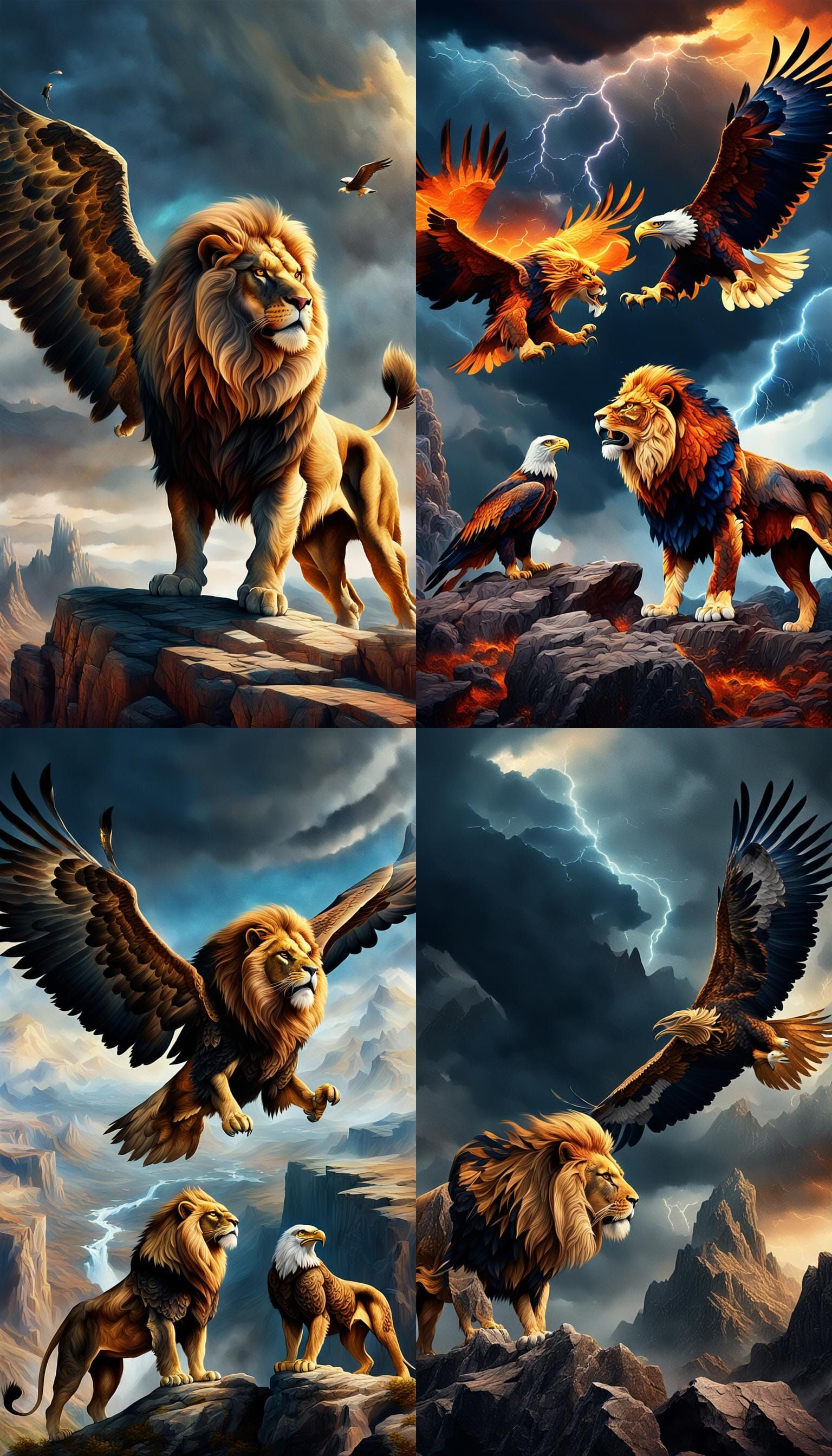 Lion and Eagle Standoff in Stormy Landscape