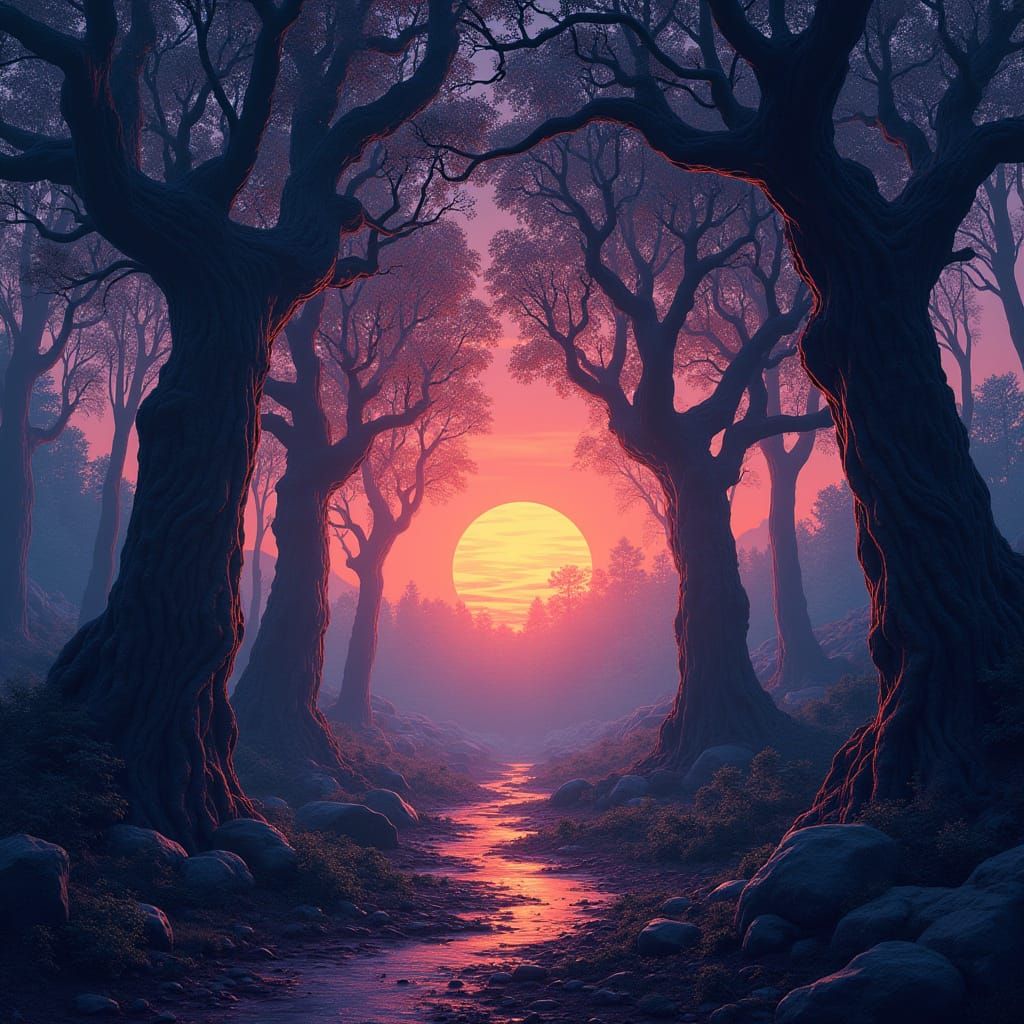 Bioluminescent Forest with Cascading Code in Digital Art