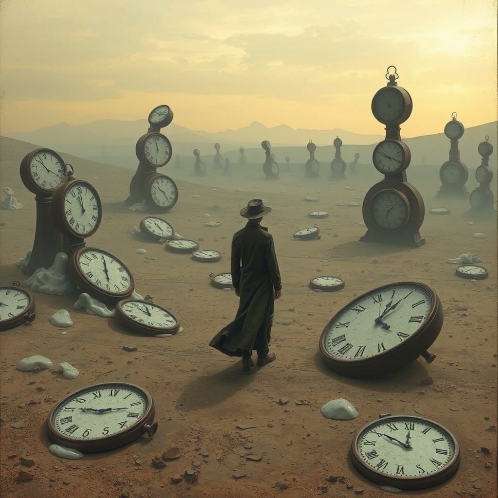Surreal Traveler Navigates Melting Clocks in Dreamscape