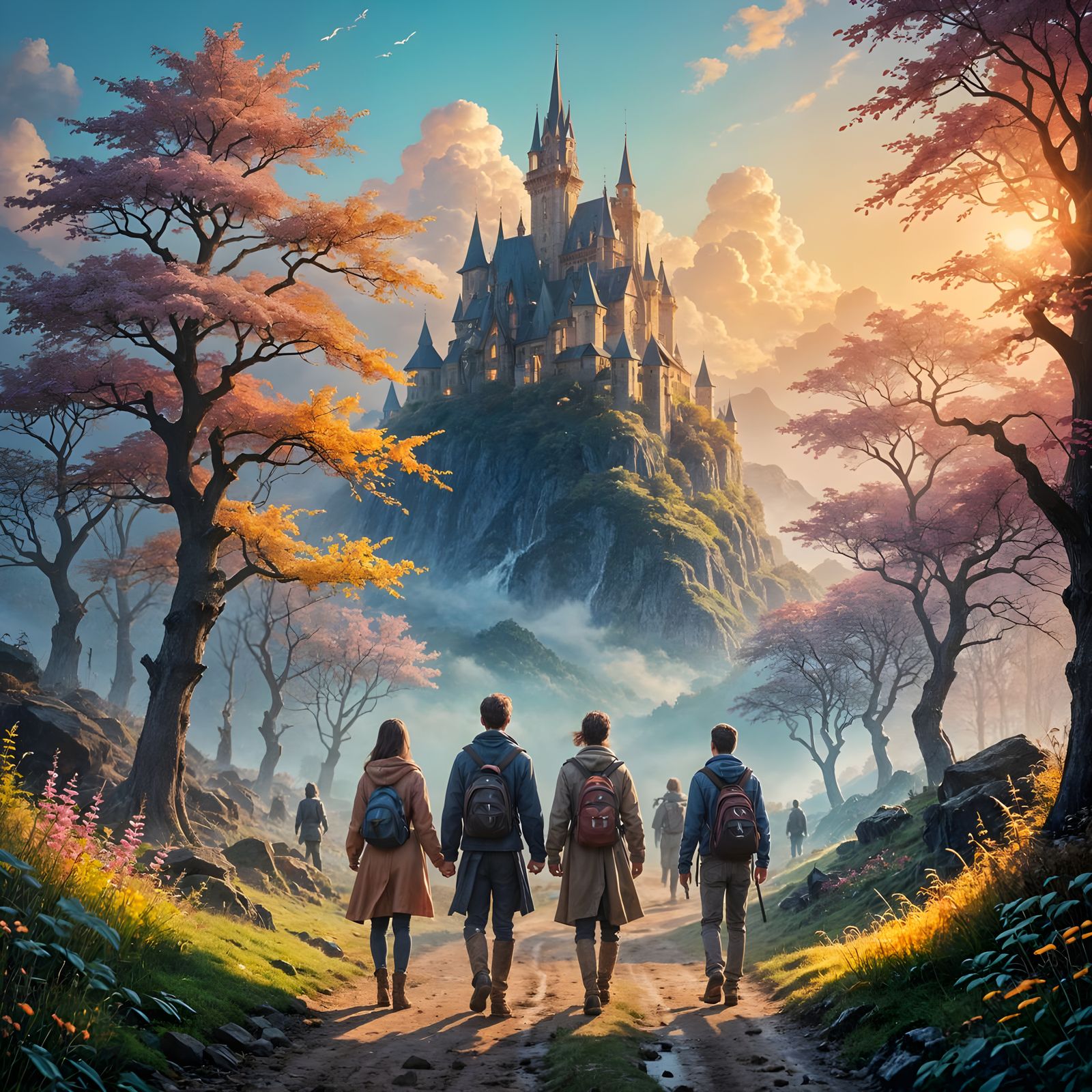 Bright Fantasy Landscape with Towering Mountains