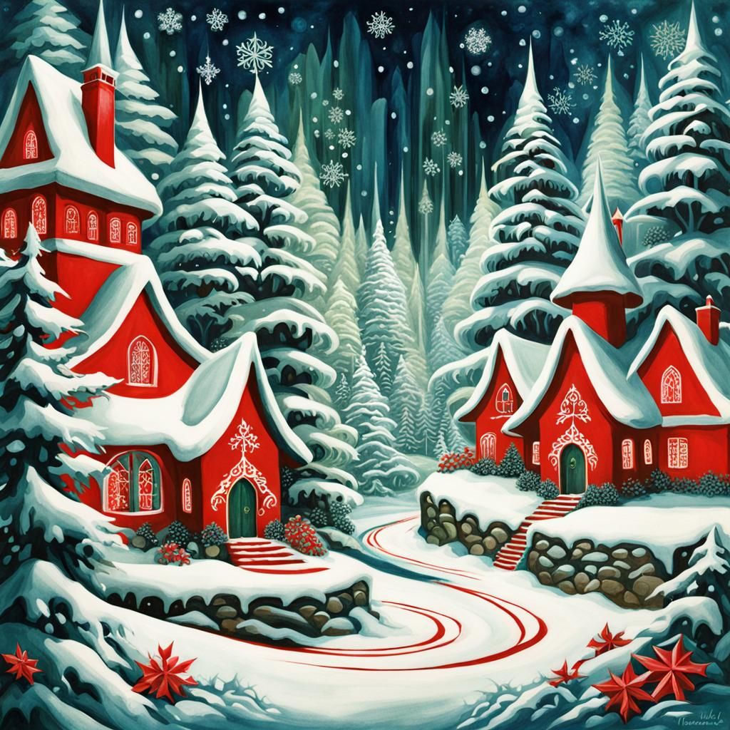 Psychedelic Art Deco Fairy Village Yule Scene