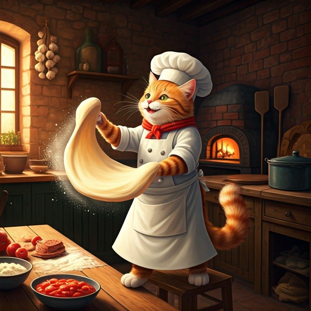 Chef Cat Tossing Pizza Dough in Cozy Kitchen