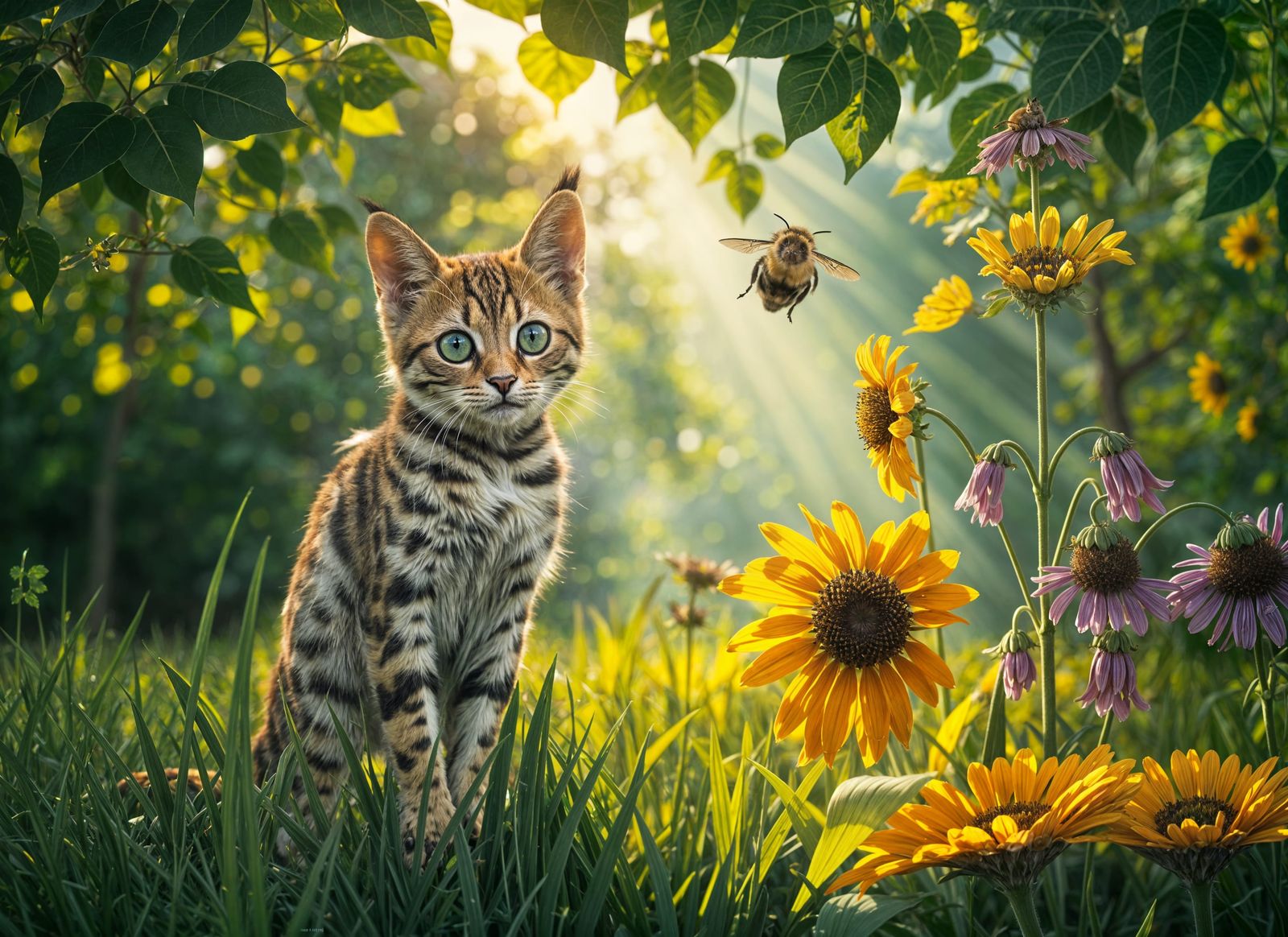 Savannah Cat Kitten in Meadow, Art Nouveau Style