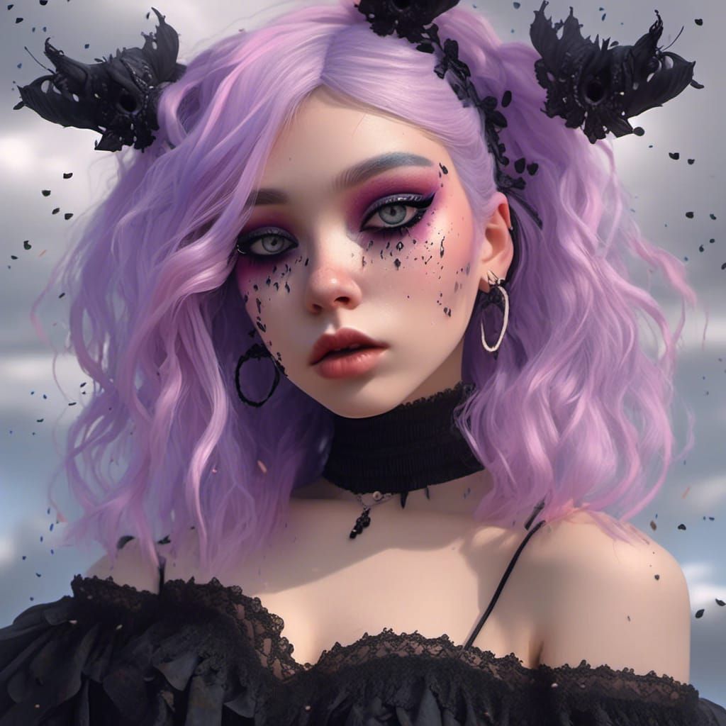 Goth Girl Selfie with Purple Hair, Hyperreal Portrait