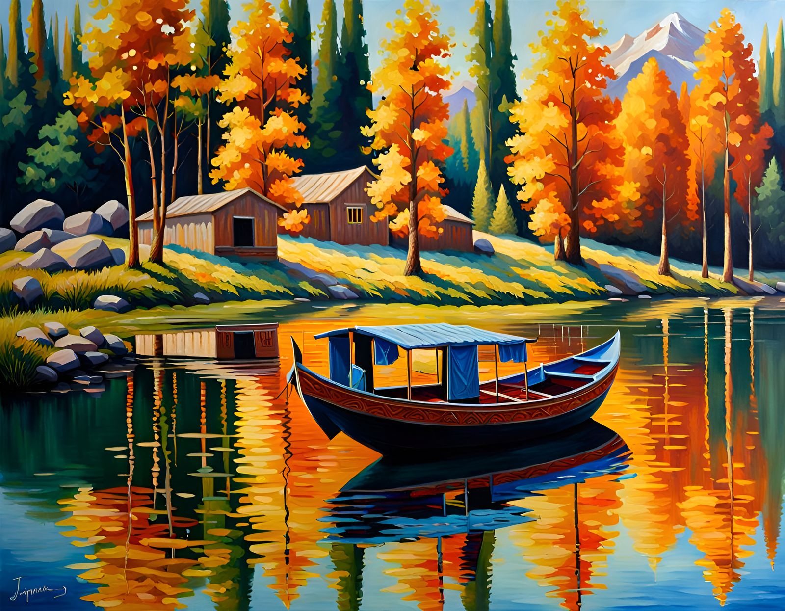 Kashmir Landscape: Boat on Lake, Oil Painting