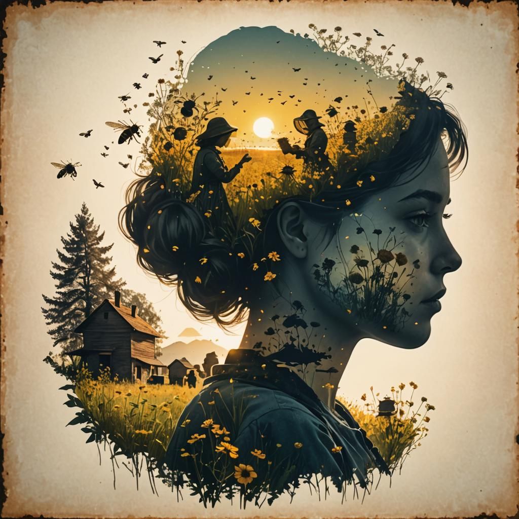 Girl Silhouette Merged with Sunlit Meadow Panorama