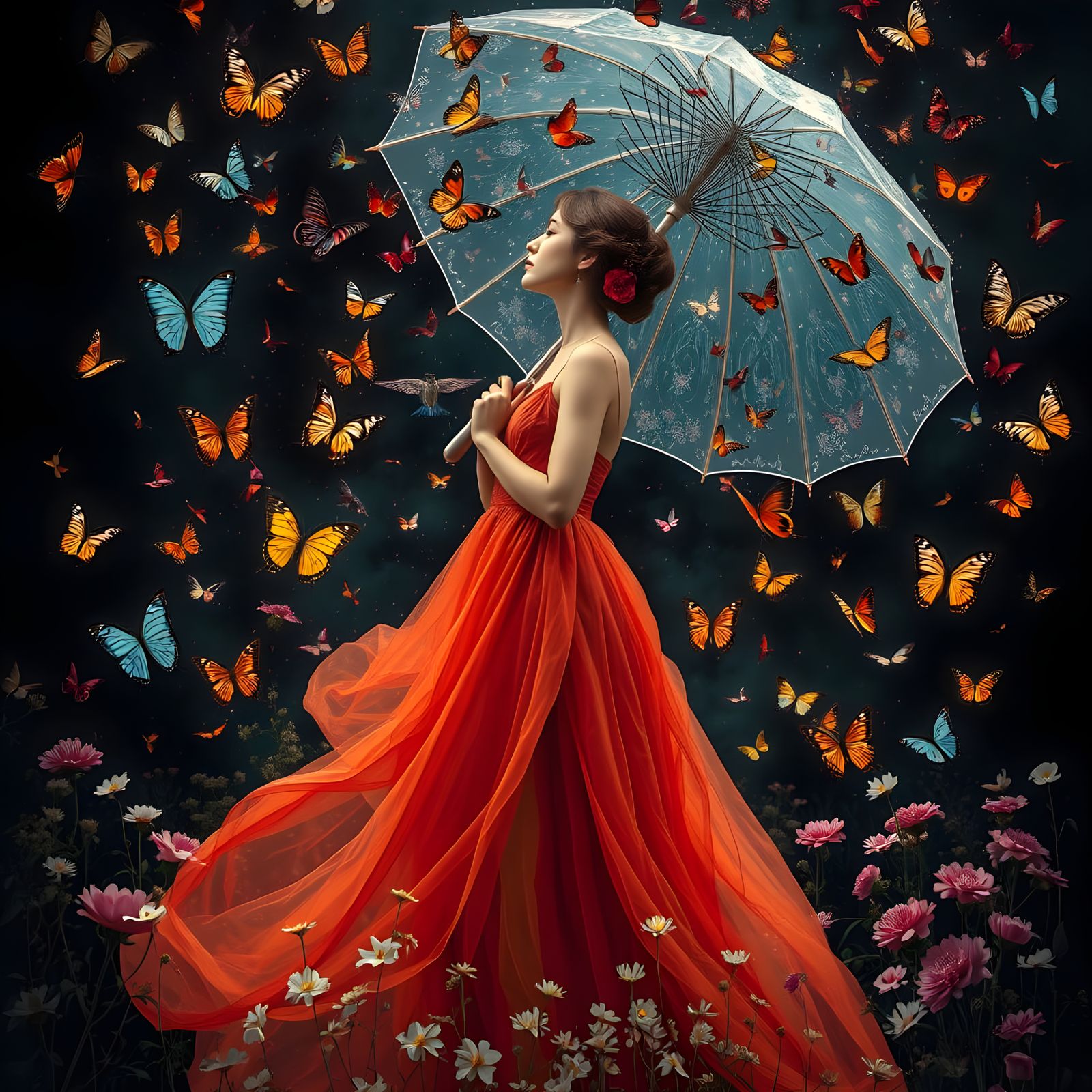 Ethereal Woman with Butterflies in Flowing Dress