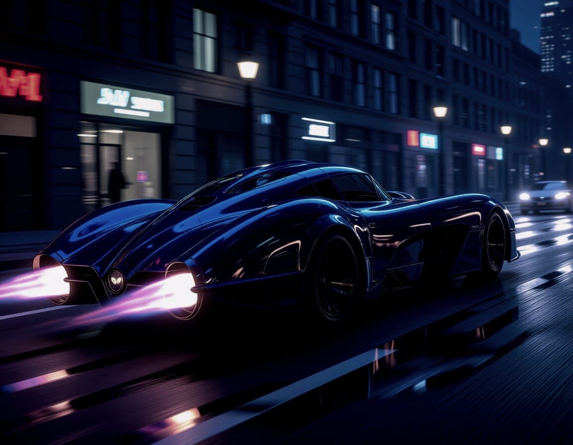Streamlined 2025 Batmobile with Jet Flames in Dark City