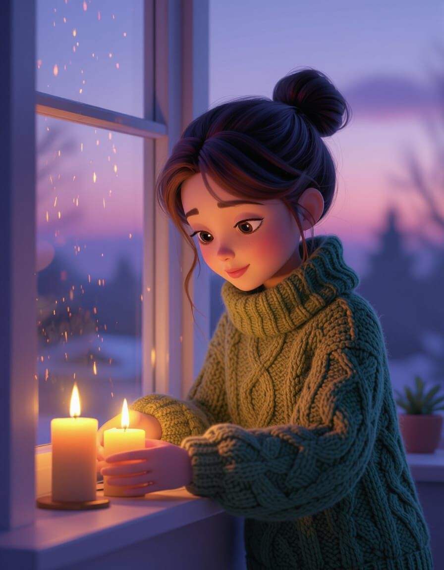 Dreamy 3D Girl Lights Candles at Dusk
