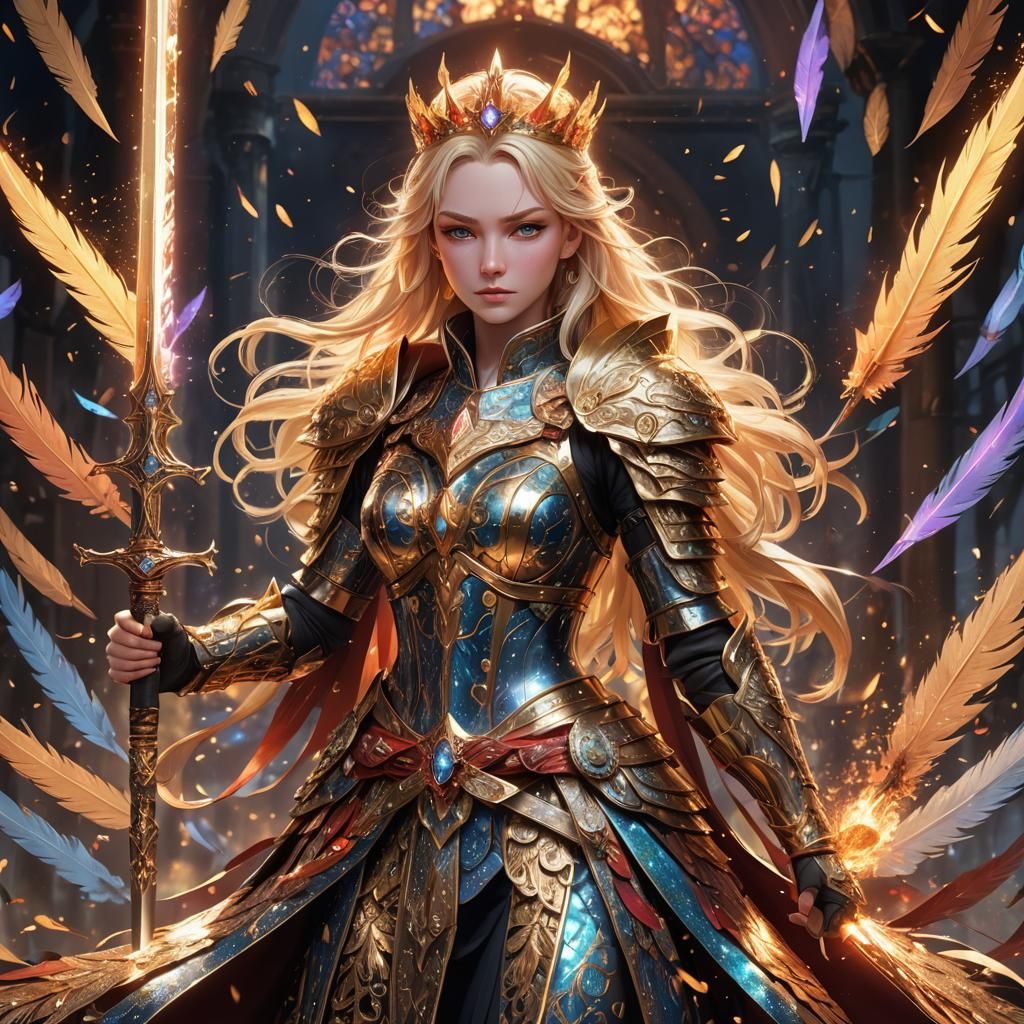 Anime Queen with Swords in Glittering Fire